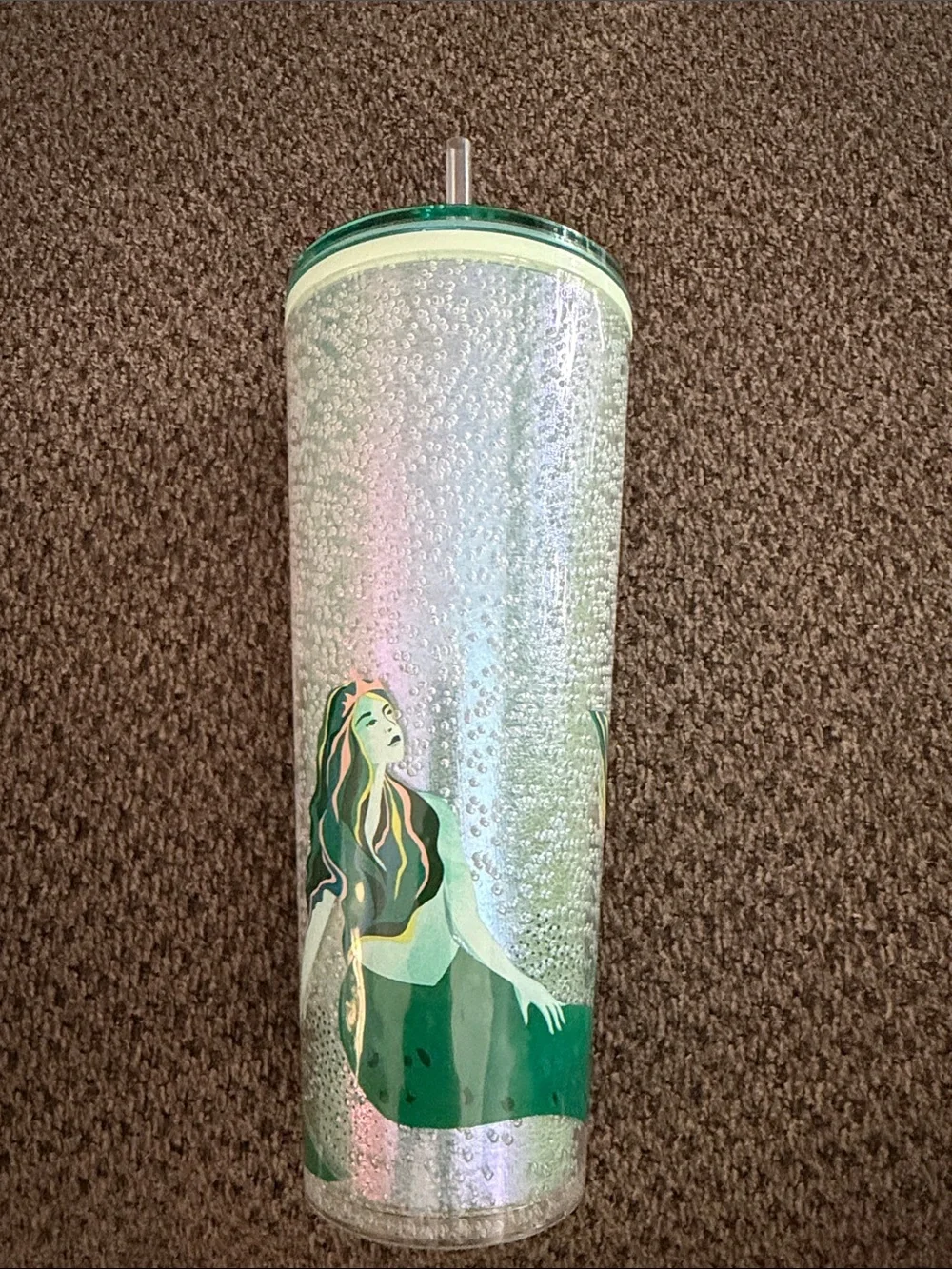 Iridescent Mermaid Glitter Starbucks Tumbler with Green Lid and Straw